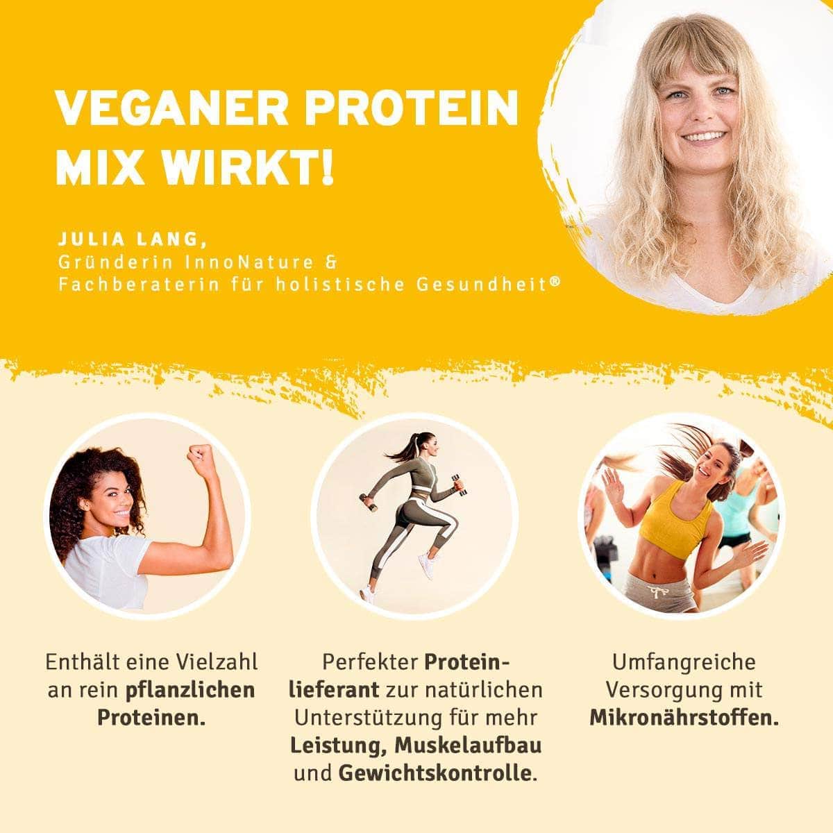 InnoNature Pakete 1x Veganer Protein Mix Vanille, 1x Happy Berry, 1x gratis Messlöffel Shake-Paket