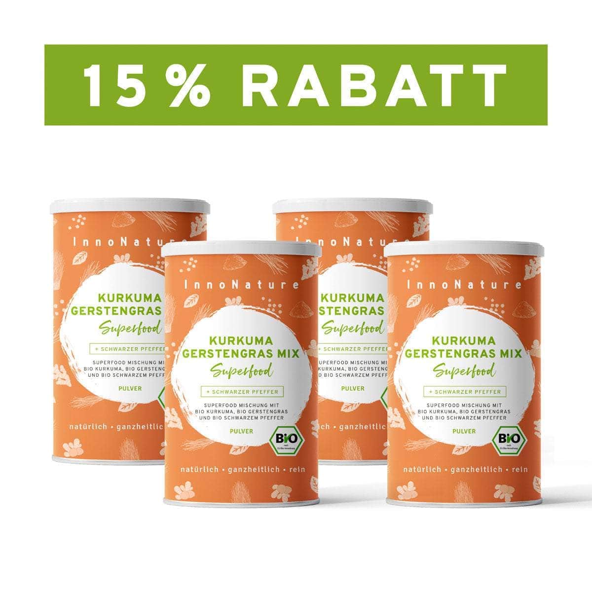 InnoNature Pulver 4x 450g (120 Portionen) Bio Kurkuma Gerstengras Mix Superfood