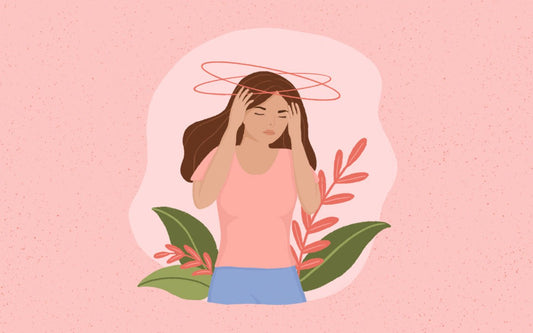Illustration einer Frau, der schwindelig ist. Das Bild hat zarte rosa, pastellige Farbtöne. 