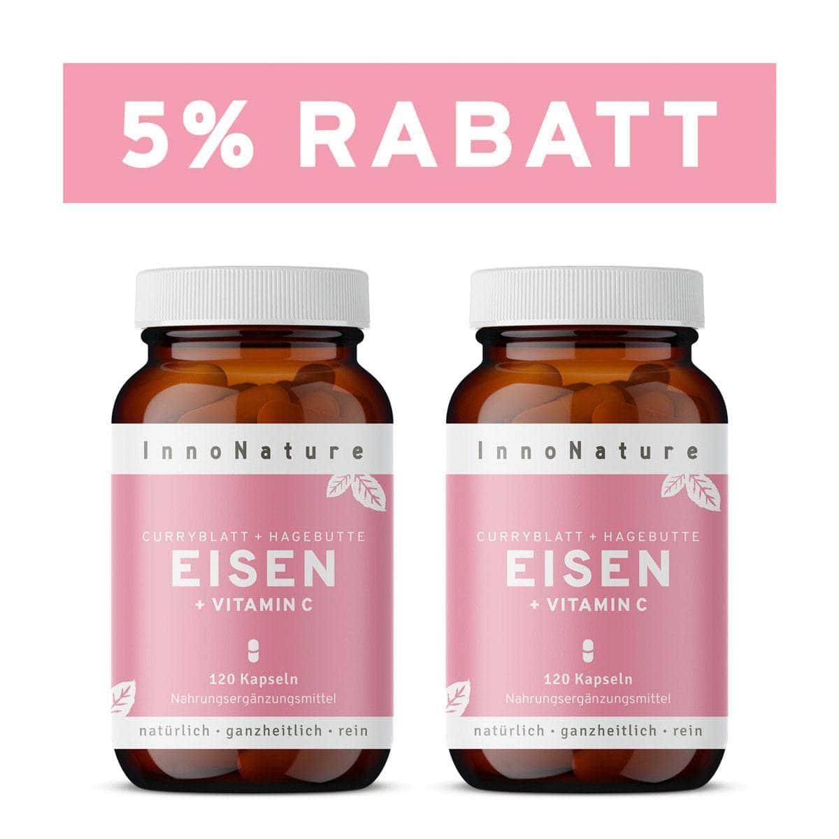 InnoNature Kapseln 2x Viermonatsvorrat (2x120 Kapseln) Eisen + Vitamin C Kapseln aus Curryblättern + Hagebutte