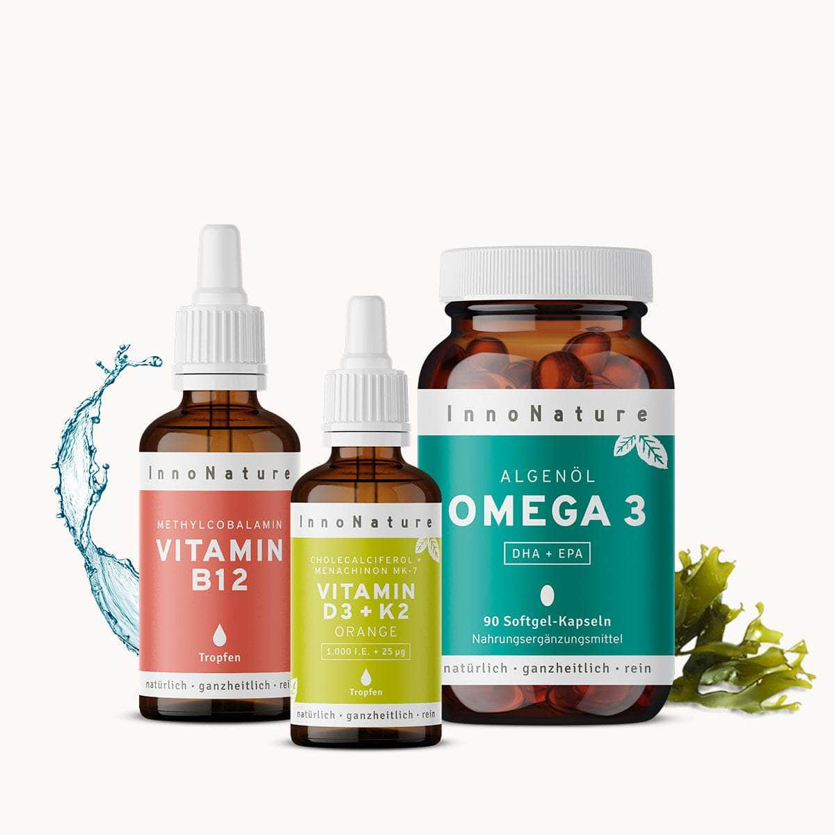 InnoNature NEM-Paket 1x Vorrat (1x Omega 3 Kapseln, 1x Vitamin B12, 1x Vitamin D3 + K2 Orange) Vegan-Starter-Paket (Orange)