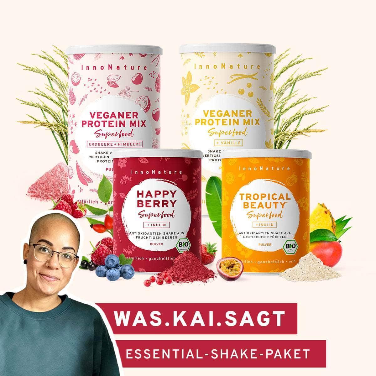 InnoNature Pakete 1x Veganer Protein Mix Erdbeere + Himbeere; 1x Veganer Protein Mix Vanille, 1x Happy Berry, 1x Tropical Beauty was.kai.sagt-Essential-Shake-Paket