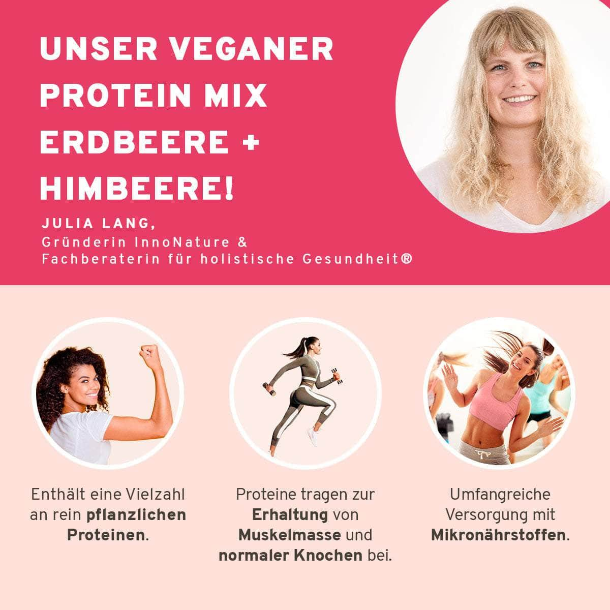 InnoNature Pakete 1x Veganer Protein Mix Erdbeere + Himbeere; 1x Veganer Protein Mix Vanille, 1x Happy Berry, 1x Tropical Beauty was.kai.sagt-Paket: Food Essentials