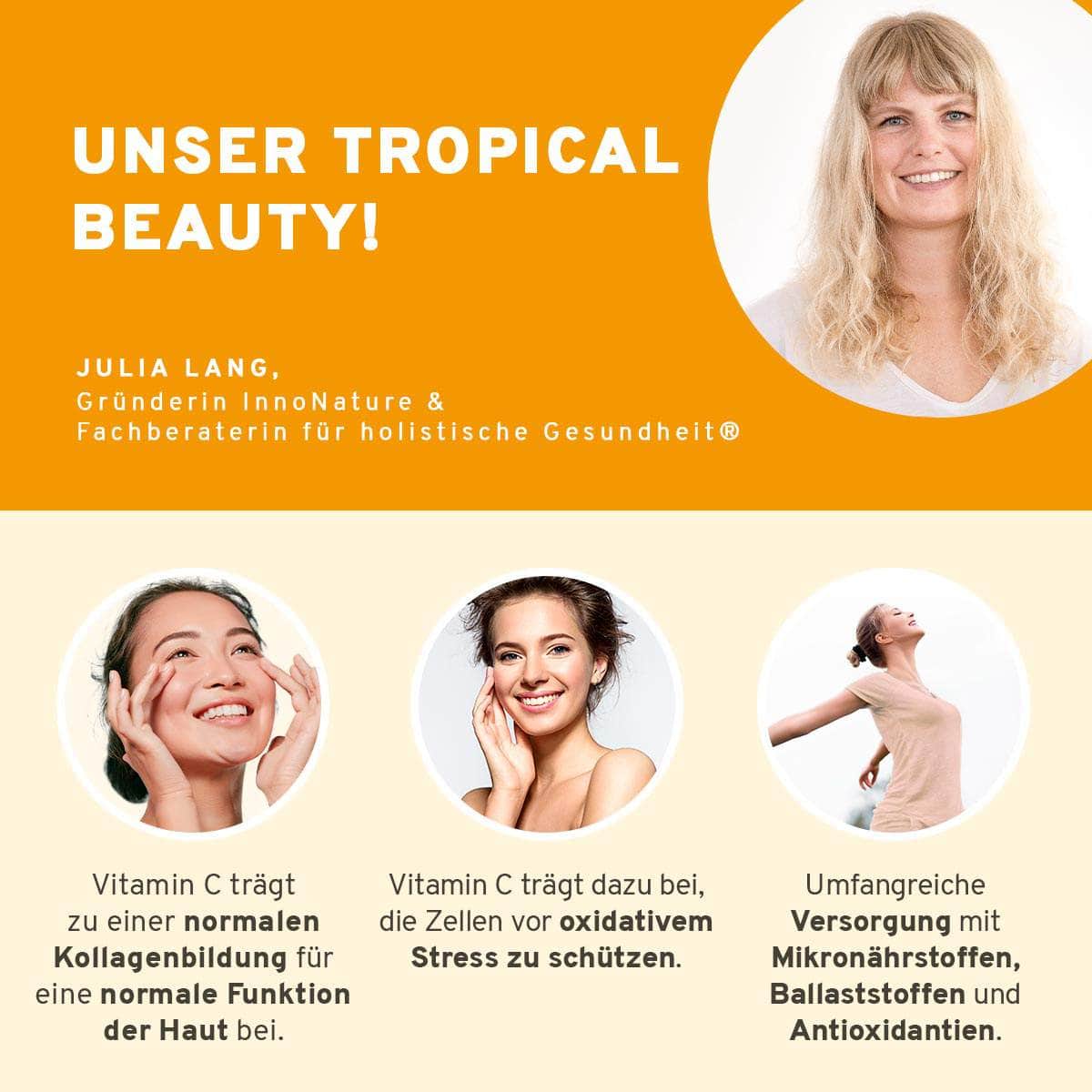 InnoNature Pakete 1x Veganer Protein Mix Erdbeere + Himbeere; 1x Veganer Protein Mix Vanille, 1x Happy Berry, 1x Tropical Beauty was.kai.sagt-Paket: Food Essentials