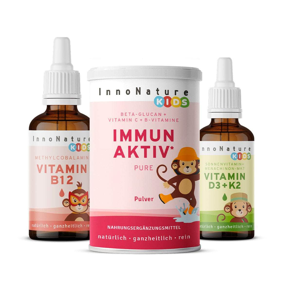 InnoNature Pakete 1x Vorrat (1x Immun Kids Pulver Pure, 1x Vitamin B12 Kids Tropfen, 1x Vitamin D3 + K2 Kids Tropfen) Boooste Dein Immunsystem-Paket-Kids