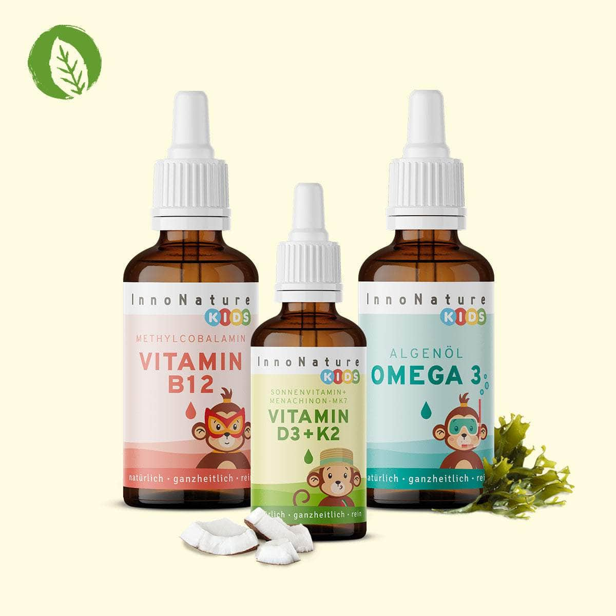 InnoNature Pakete 1x Vorrat (1x Omega 3 Kids Tropfen, 1x Vitamin B12 Kids Tropfen, 1x Vitamin D3 + K2 Kids Tropfen) Kids-Vegan-Starter-Paket