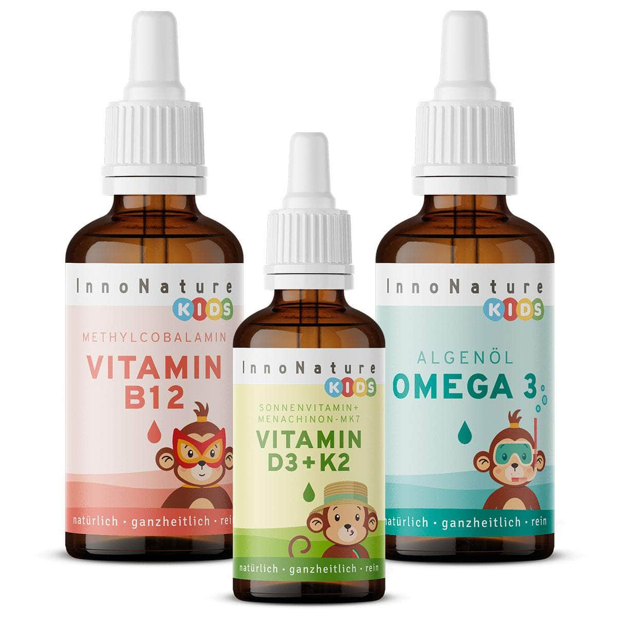 InnoNature Pakete 1x Vorrat (1x Omega 3 Kids Tropfen, 1x Vitamin B12 Kids Tropfen, 1x Vitamin D3 + K2 Kids Tropfen) Kids-Vegan-Starter-Paket