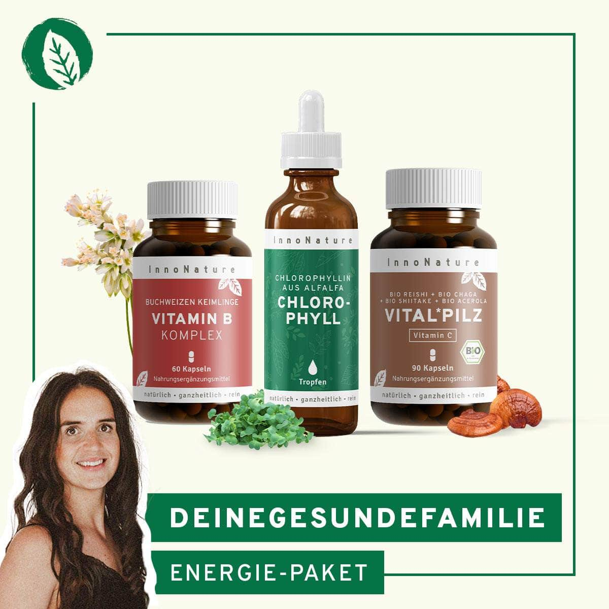 InnoNature Pakete 1x Vorrat (1x Vitamin B Komplex, 1x Chlorophyll, 1x Vitalpilz Kapseln) deinegesundefamilie-Energie-Paket