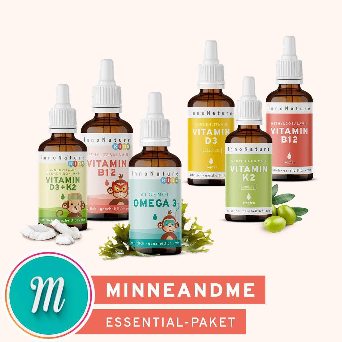 InnoNature Pakete 1x Vorrat (1x Vitamin D3, Vitamin K2, Vitamin B12, Vitamin D3+K2 Kids, Vitamin B12 Kids, Omega 3 Kids) minneandme-Essential-Paket