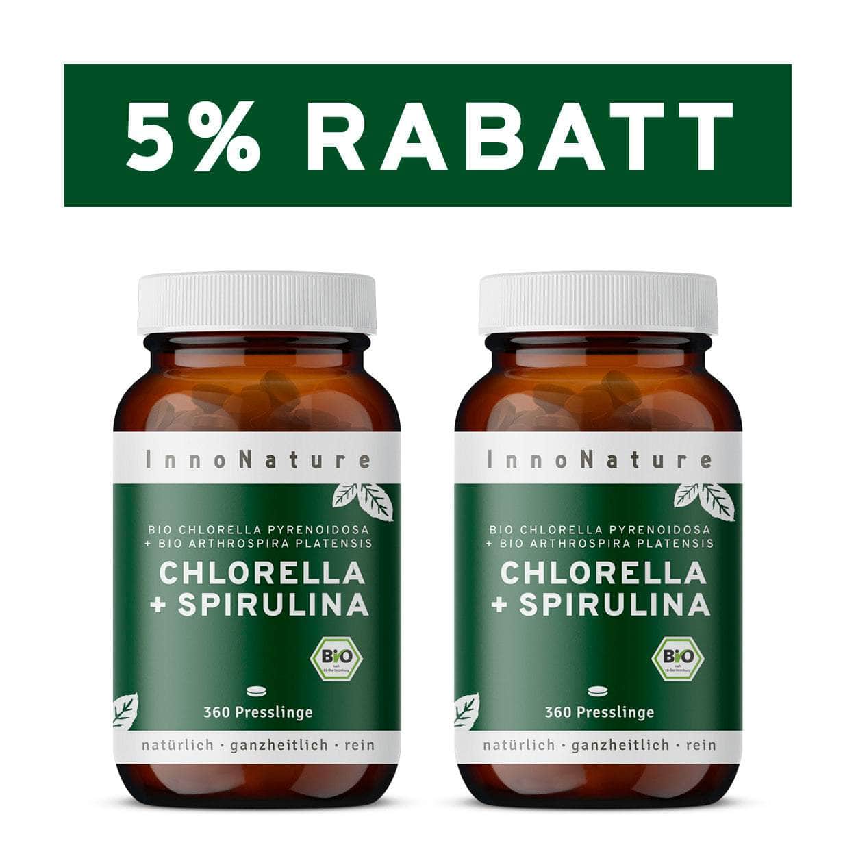 InnoNature Presslinge 2x Monatsvorrat (2x360 Presslinge) Bio Chlorella + Spirulina Presslinge