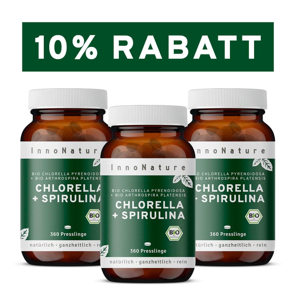 InnoNature Presslinge 3x Monatsvorrat (3x360 Presslinge) Bio Chlorella + Spirulina Presslinge
