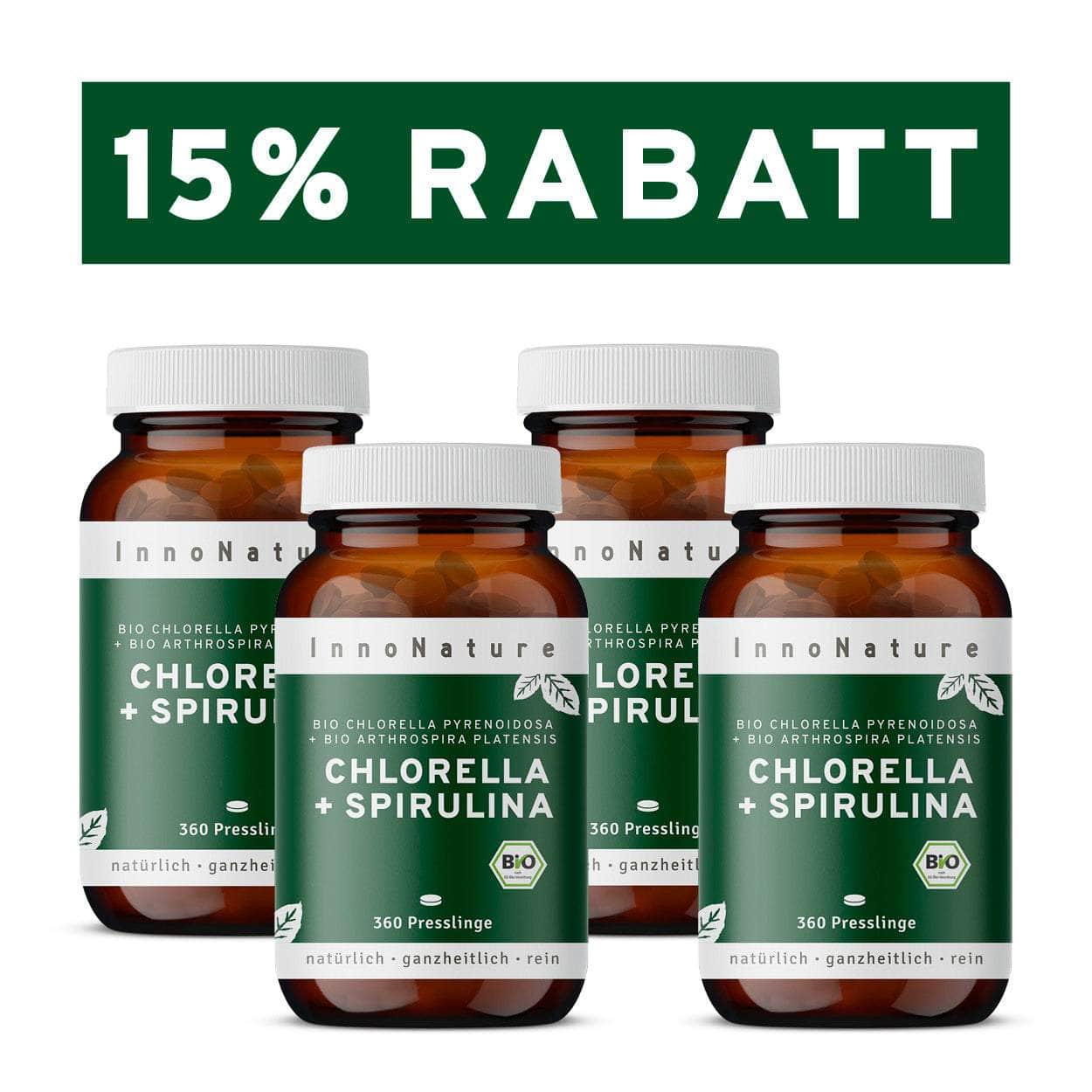 InnoNature Presslinge 4x Monatsvorrat (4x360 Presslinge) Bio Chlorella + Spirulina Presslinge