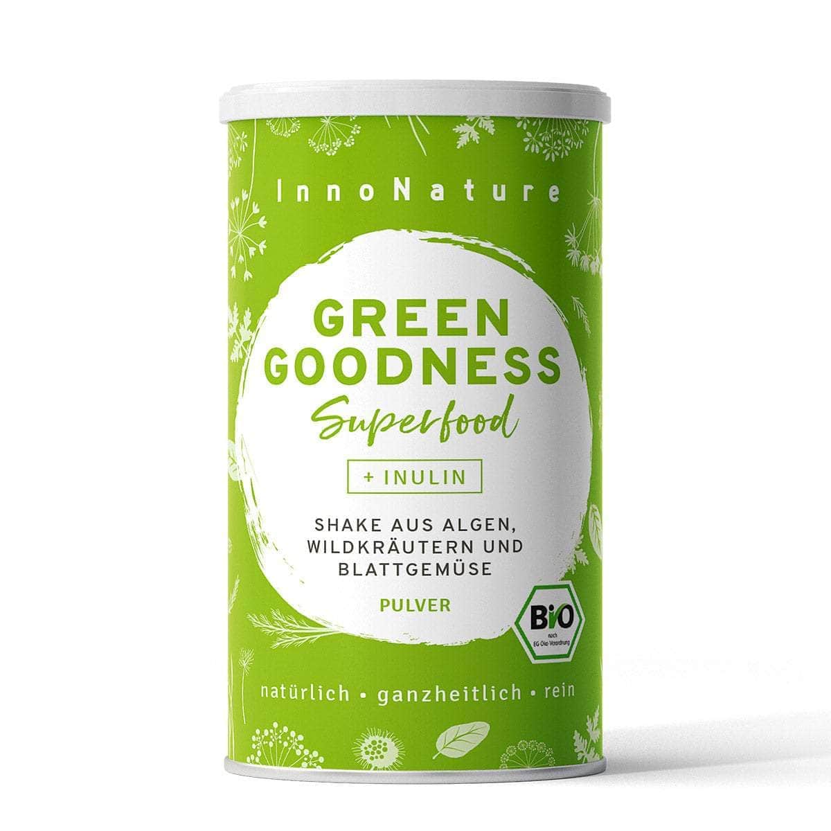 InnoNature Pulver 20 Portionen (300g) Bio Green Goodness Superfood Shake: Weizengras, Gerstengras, Moringa, Spirulina, Chlorella