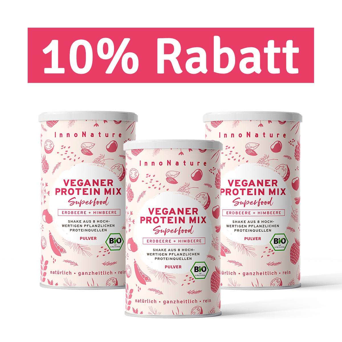 InnoNature Pulver 99 Portionen (3x 500g) Bio Veganer Protein Mix Erdbeere + Himbeere